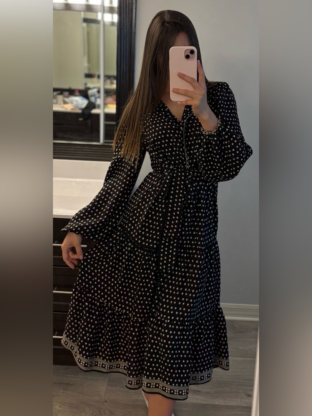 Max Studio Black and White Polka Dot Long Sleeve Wrap Dress